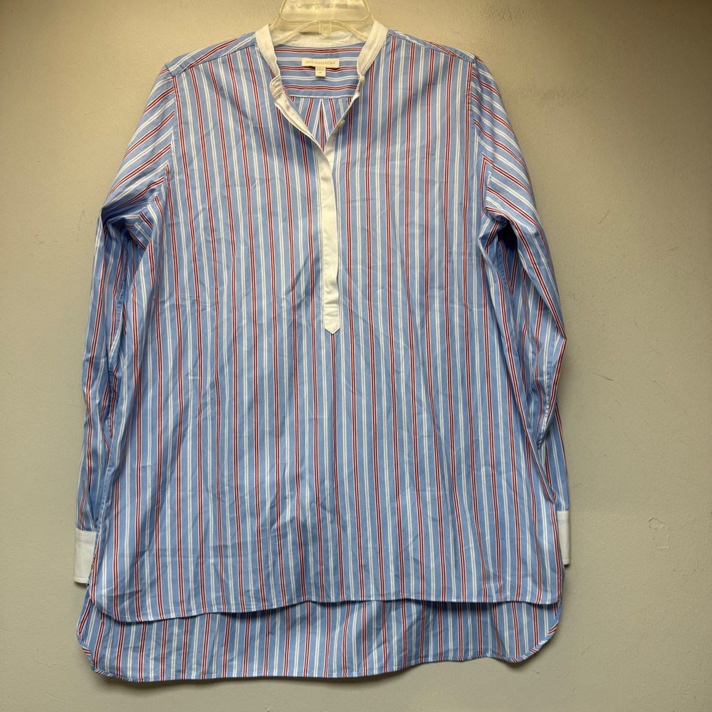 Ann Mashburn Tunic Shirt Women Medium Blue Red Striped Excellent Cotton Popover